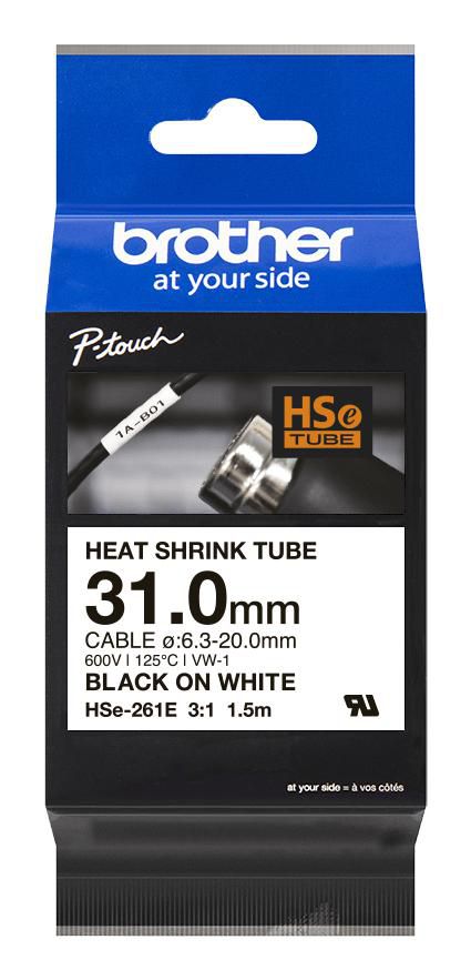 Brother HSe-261E Schrumpfschlauch – schwarz auf weiss – Ø 6,3–20,0 mm – für Brother