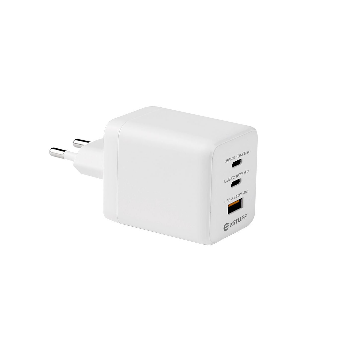 eSTUFF Ladegerät (EU) – 100 W, 2× USB-C + 1× USB-A, PD, GaN
