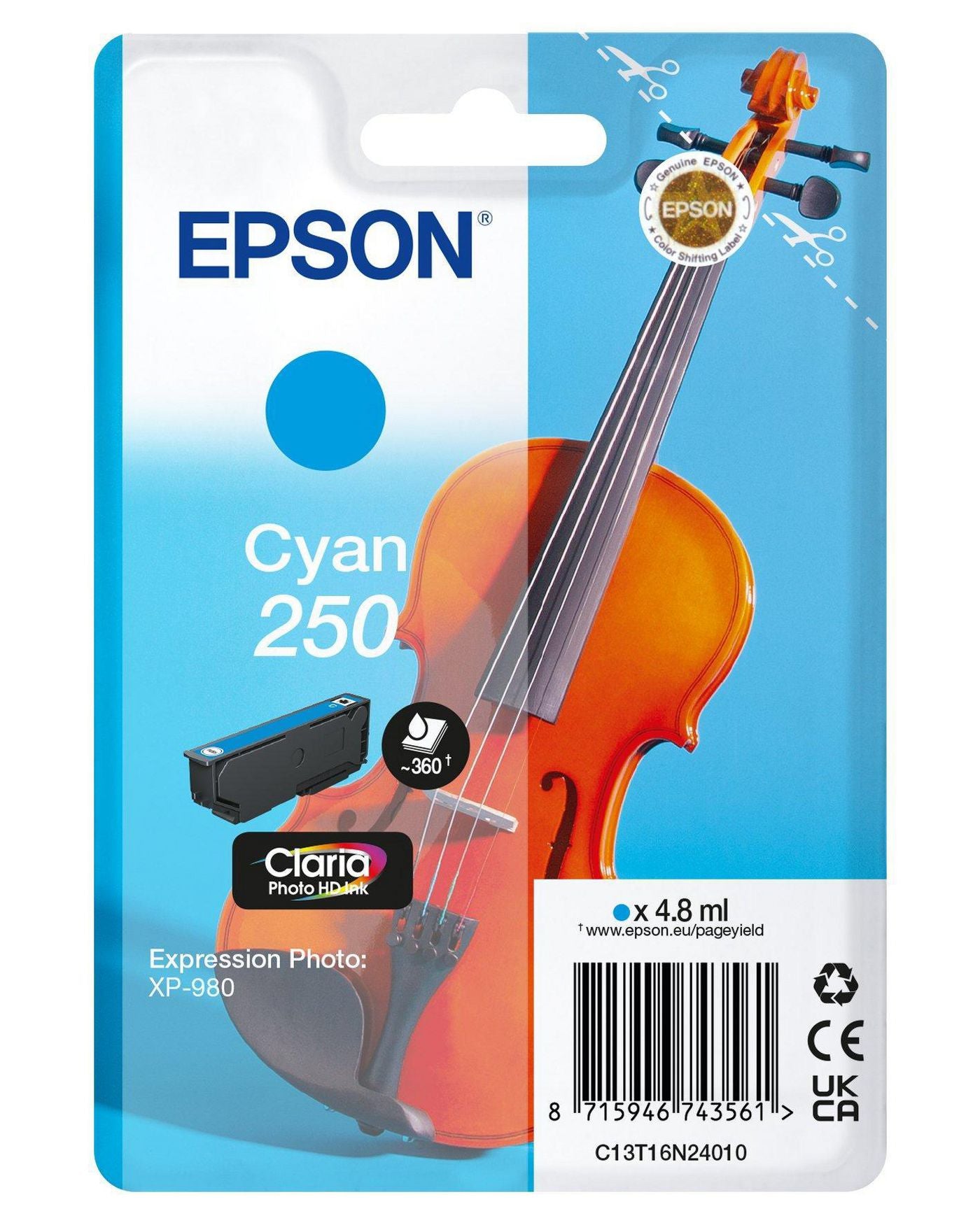 Epson 250 Claria Photo HD Cyan Tintenpatrone (Original) – 4,8 ml – für Expression Photo XP-980