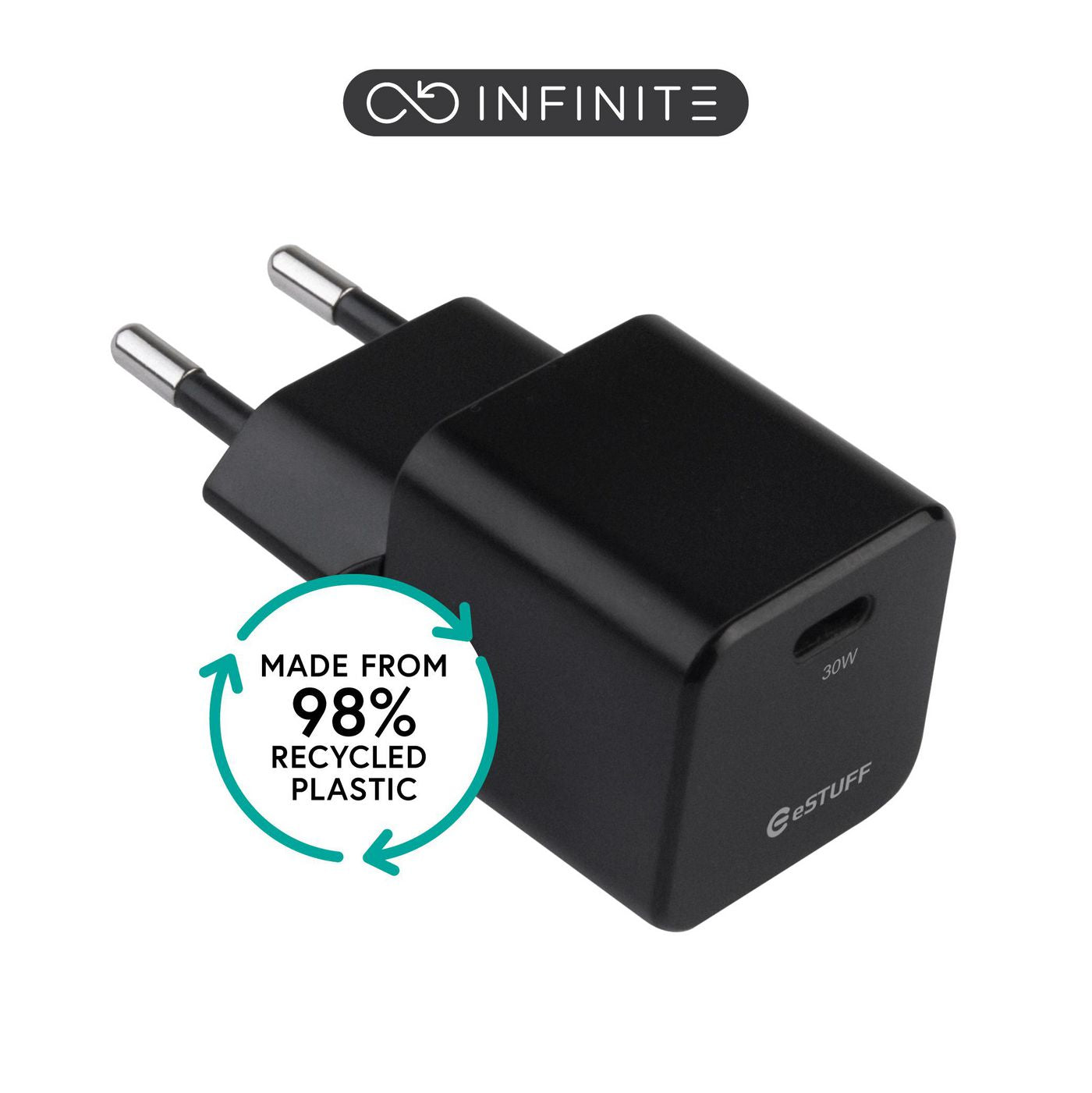 eSTUFF INFINITE (GRS) USB-Wandladegerät 30 W – USB-C×1 – PD, GaN, EU-Stecker (Typ C) – Schwarz