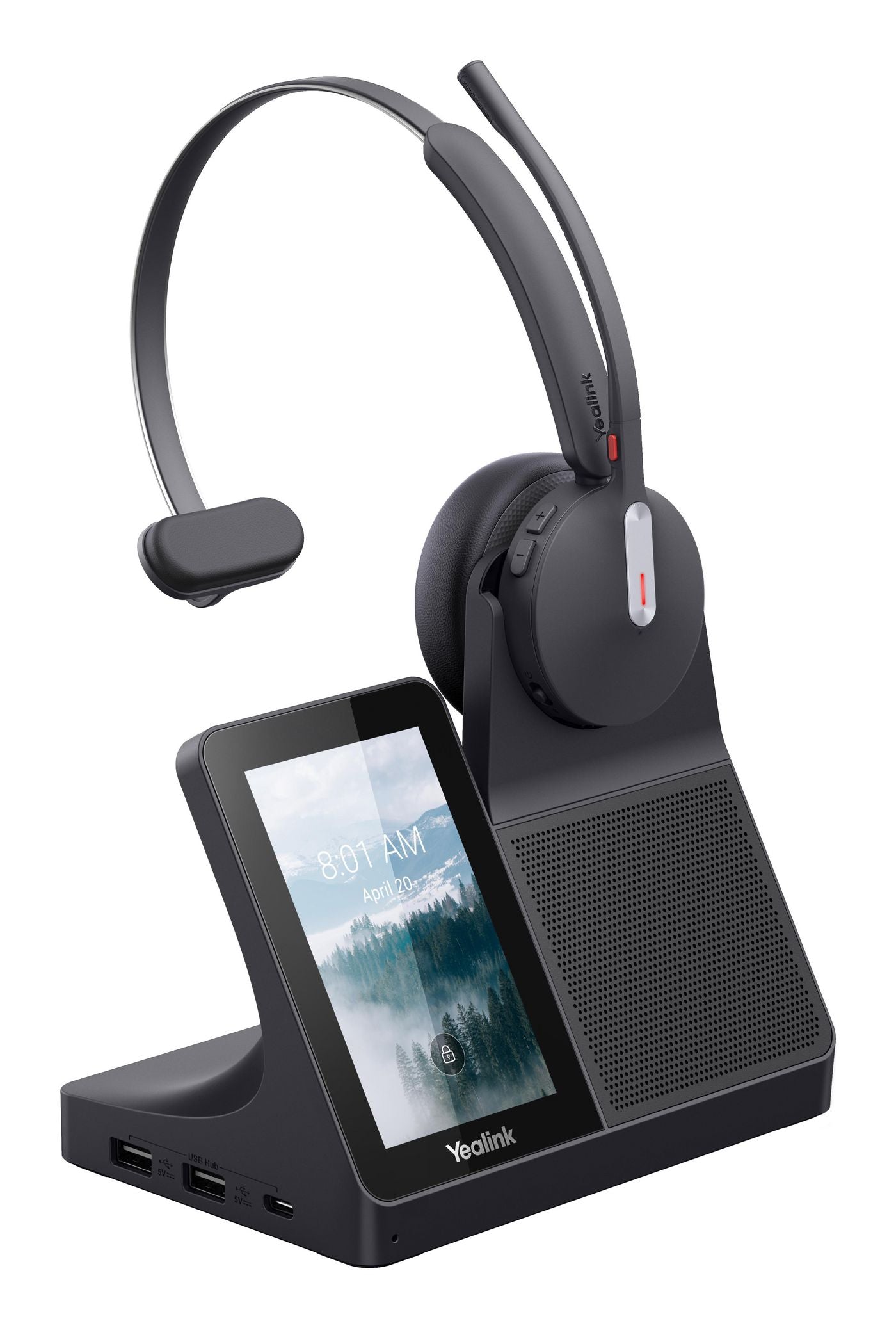 Yealink WH64 Office-Headset – On-Ear, Mono, BT 5.2, mit USB-C-Dongle & Ladestation, Schwarz