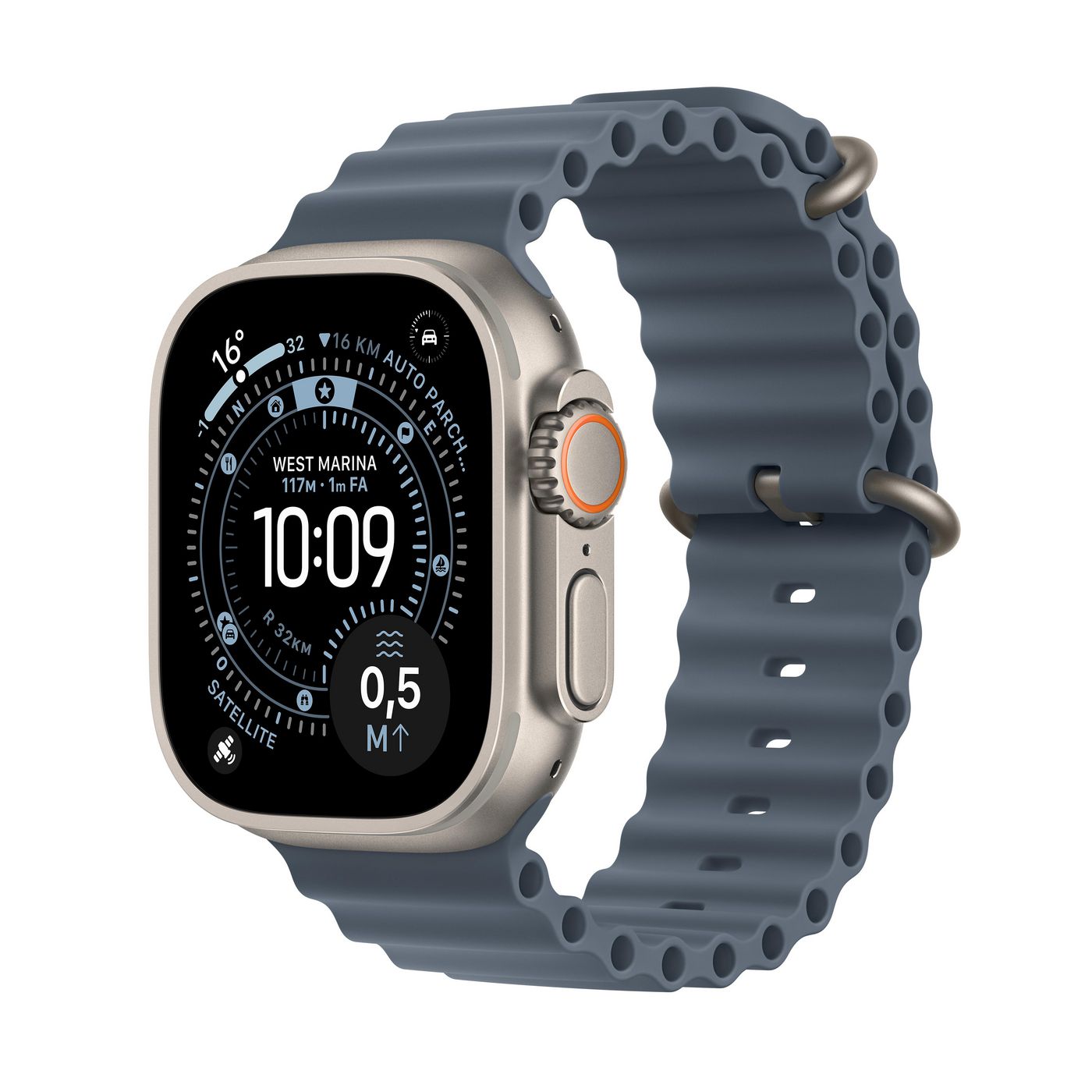 Apple Watch Ultra 3 49 mm GPS + Cellular – Titan, Ocean Band, Anchor Blue, 100 m, für iPhone