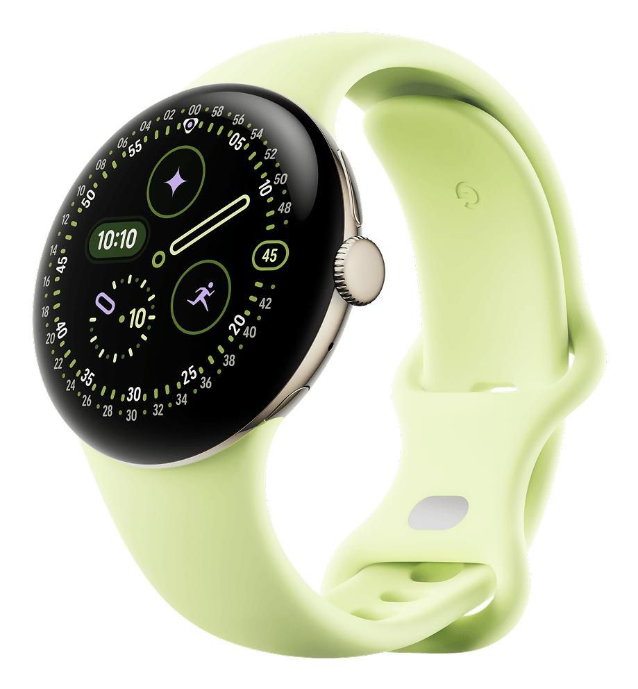 Google Pixel Watch 4 41 mm GPS + Cellular – Aluminium Gold, Sport Band, Grün, S/L, 50 m