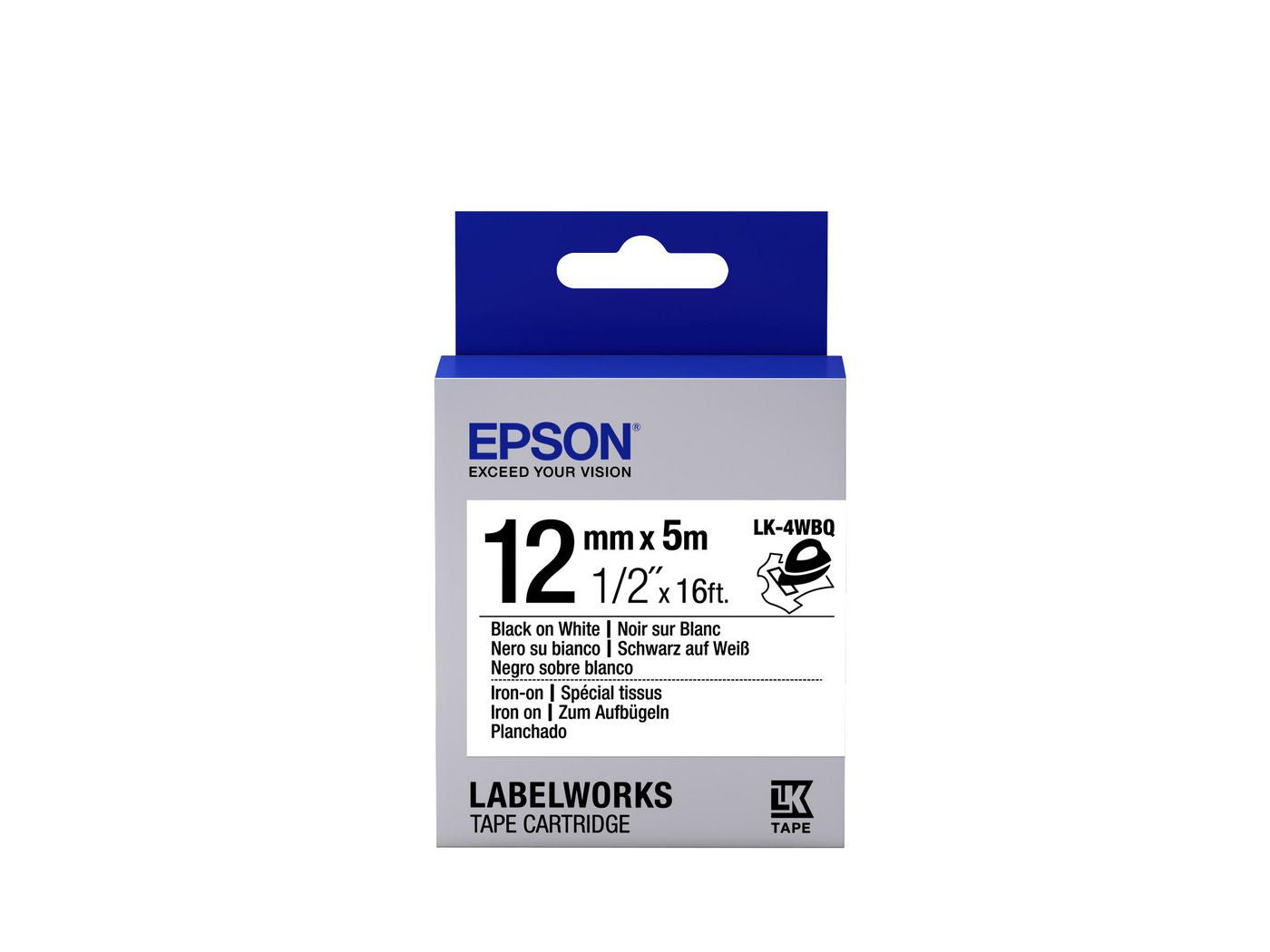 Epson LK-4WBQ Textil-/Satinband – schwarz auf weiss – 12 mm × 5 m, aufbügelbar – für Epson LabelWorks