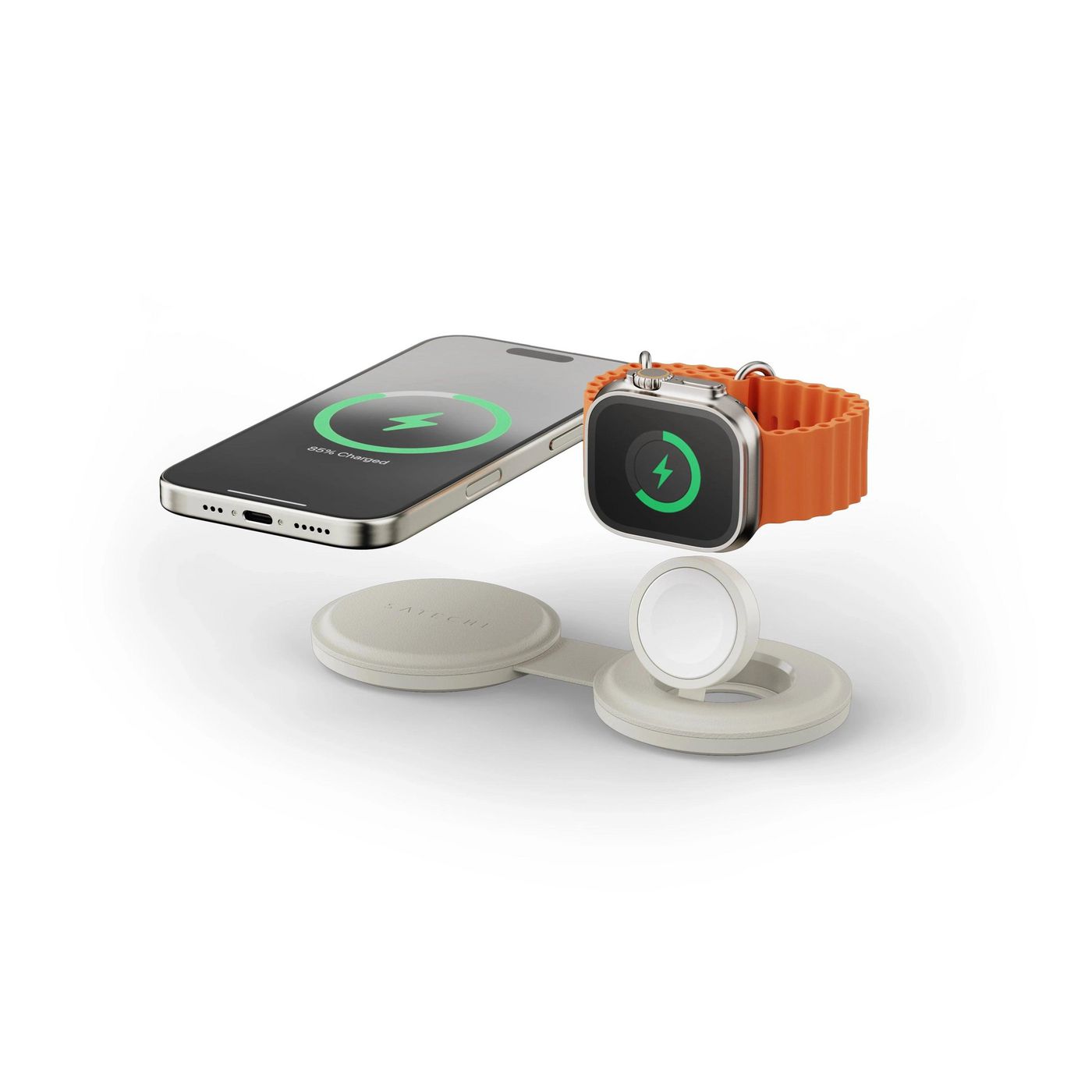 Satechi Kabelloses Ladegerät, MagSafe, 15 W, 2-in-1 – für Smartphone, Kopfhörer, Smartwatch – Weiss