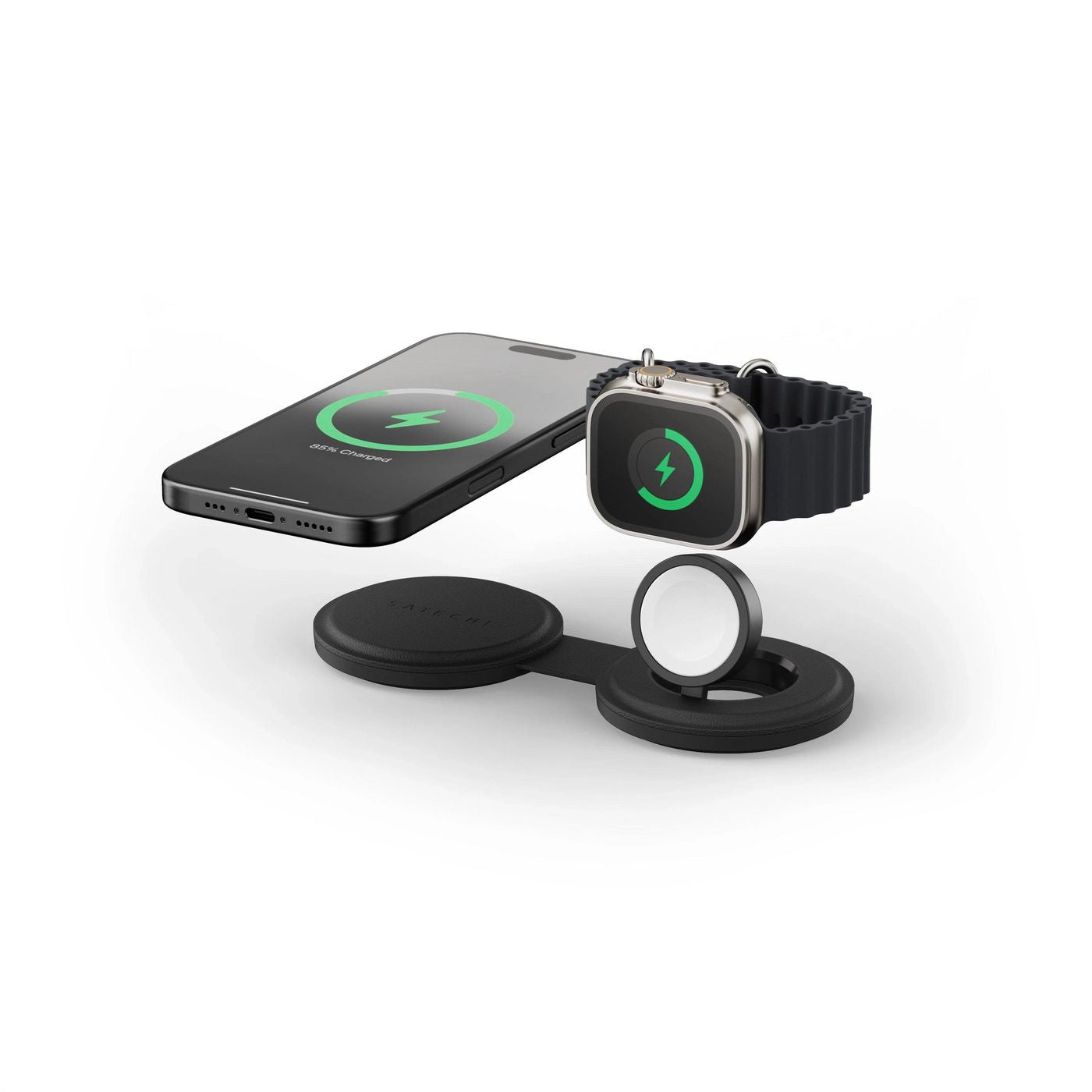 Satechi Onthego 2-in-1 Ladeständer – MagSafe-kompatibel – 15 W – für Smartphone/Smartwatch/Kopfhörer – Schwarz