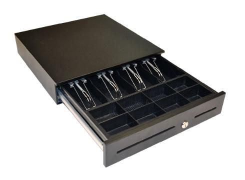 APG Cash Drawer ECD410 – Kassenschublade, 4 Scheine/8 Münzen, RJ-11, 410 × 420 × 103 mm, Schwarz