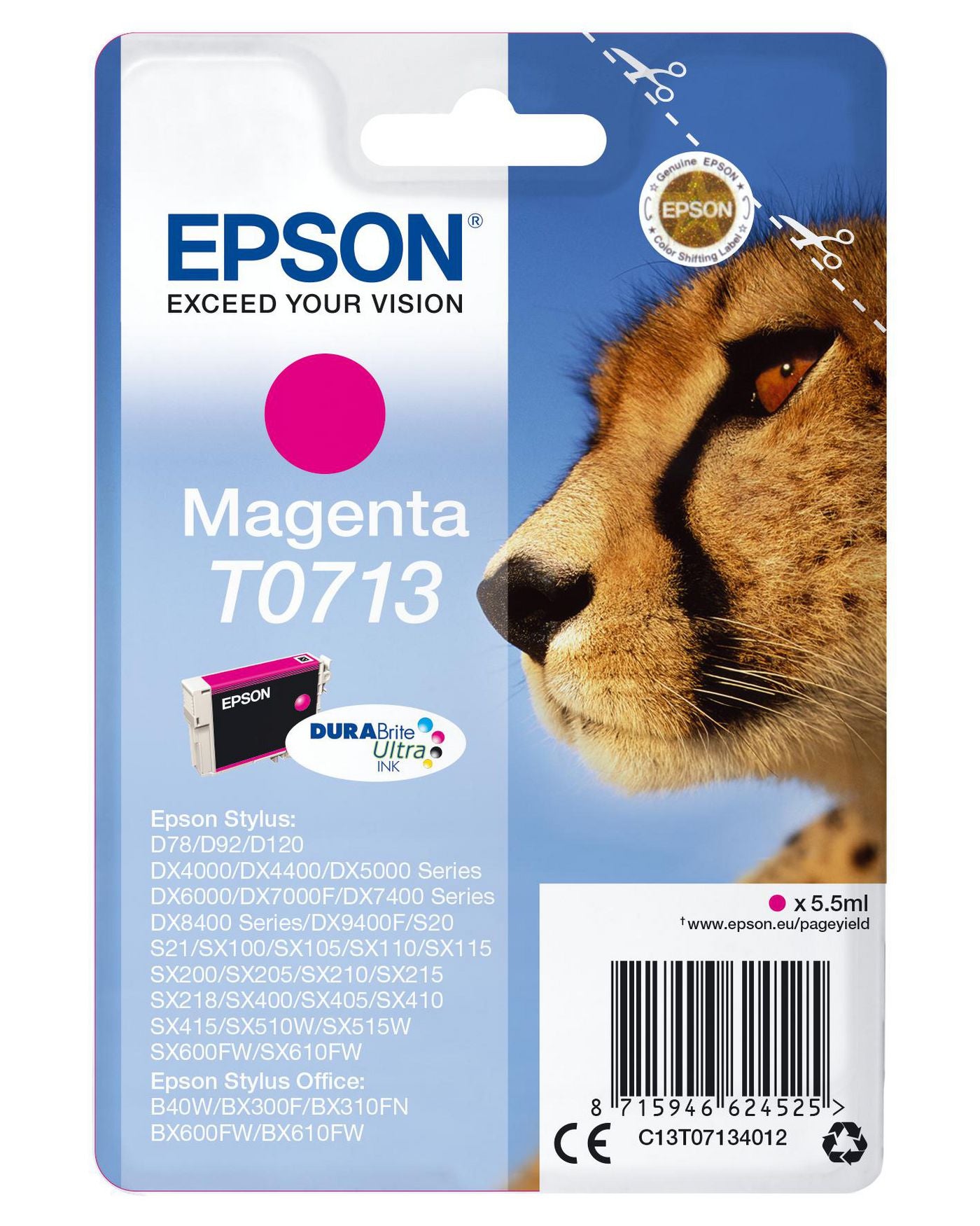 Epson Tintenpatrone T0713, Magenta, 250 Seiten – für Tintenstrahldrucker/Multifunktionsgeräte