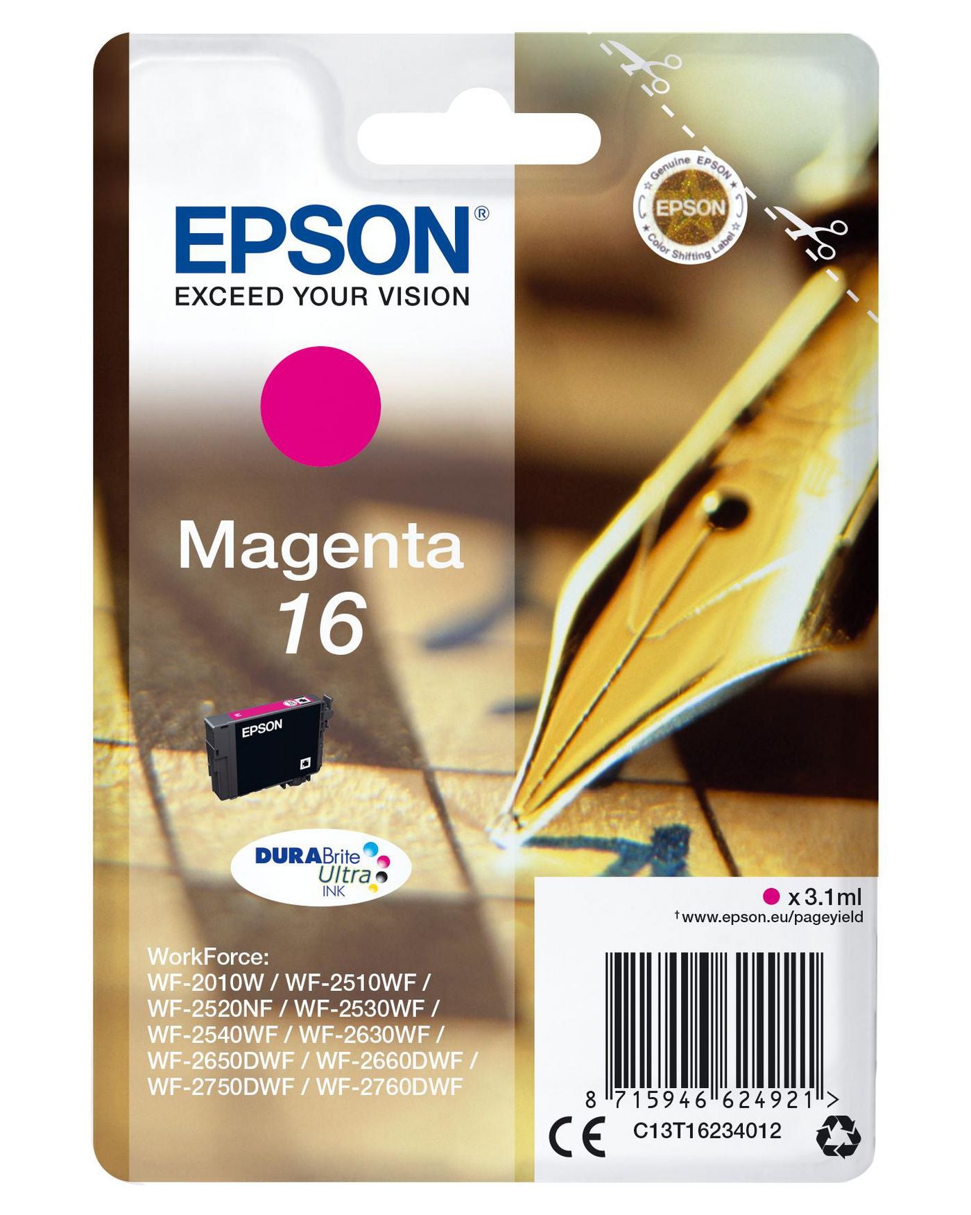 Epson 16 Magenta Tintenpatrone (Original) – 165 Seiten – für WorkForce WF-2760DWF/2750DWF/2660DWF