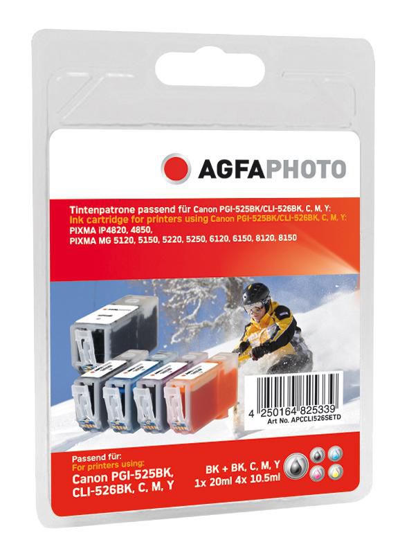 AgfaPhoto Tintenpatronen-Multipack, Schwarz/Cyan/Magenta/Gelb (Kompatibel) – für Canon Pixma MG 5250/5340/5350