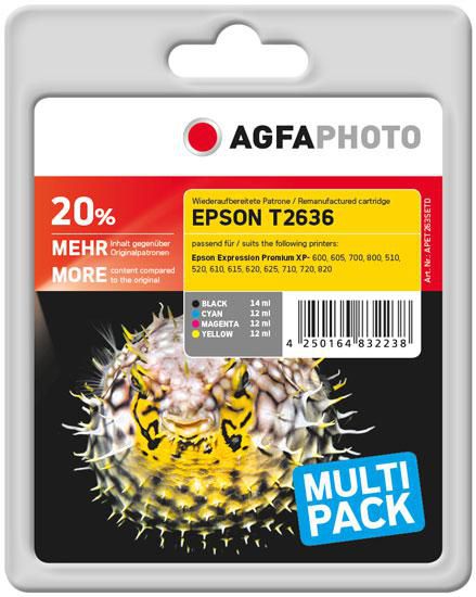 AgfaPhoto T2636 Tintenpatronen-Multipack, Schwarz/Cyan/Magenta/Gelb (Kompatibel)