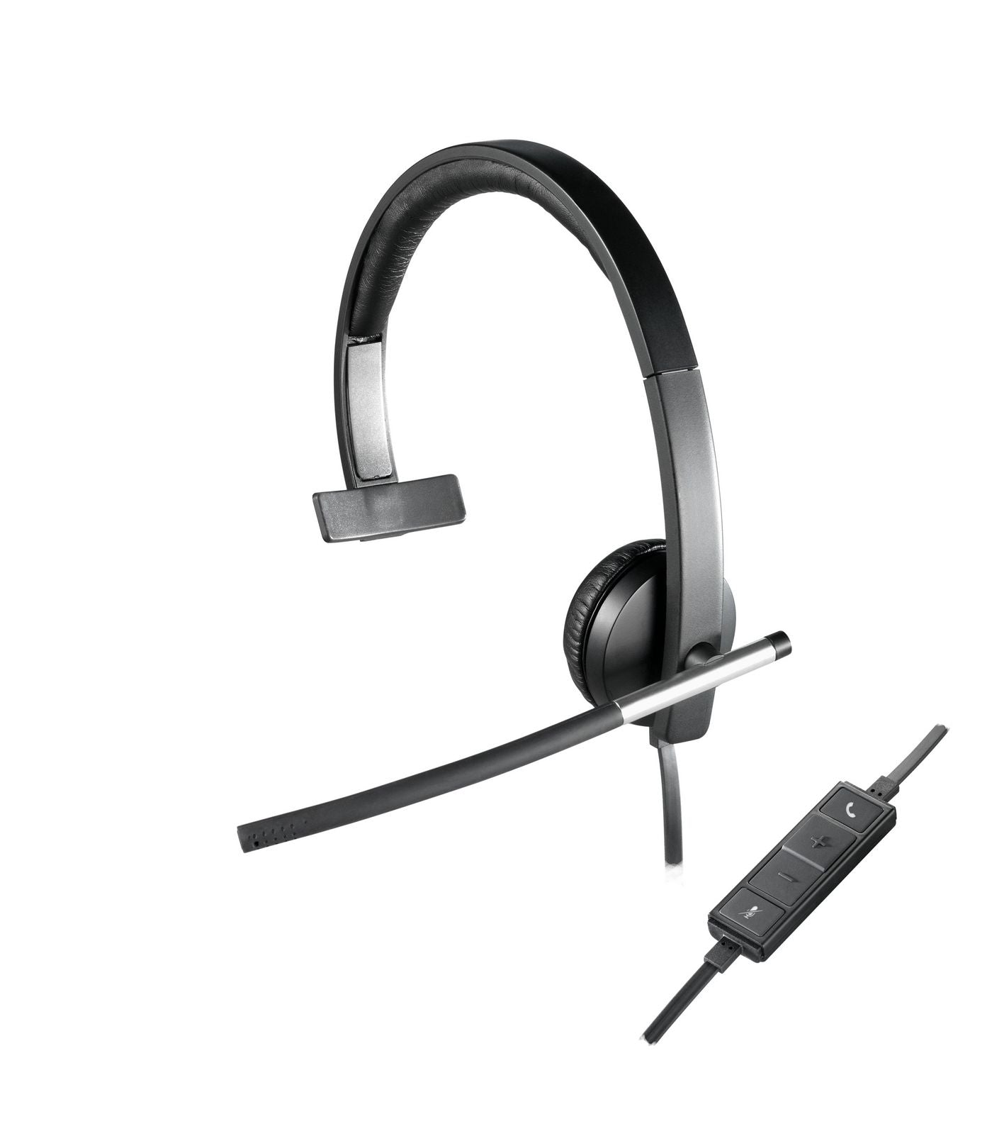 Logitech H650e – Mono-Headset – USB‑A, klappbares Boom-Mikrofon, DSP – Schwarz/Silber – für Windows/Mac/Linux
