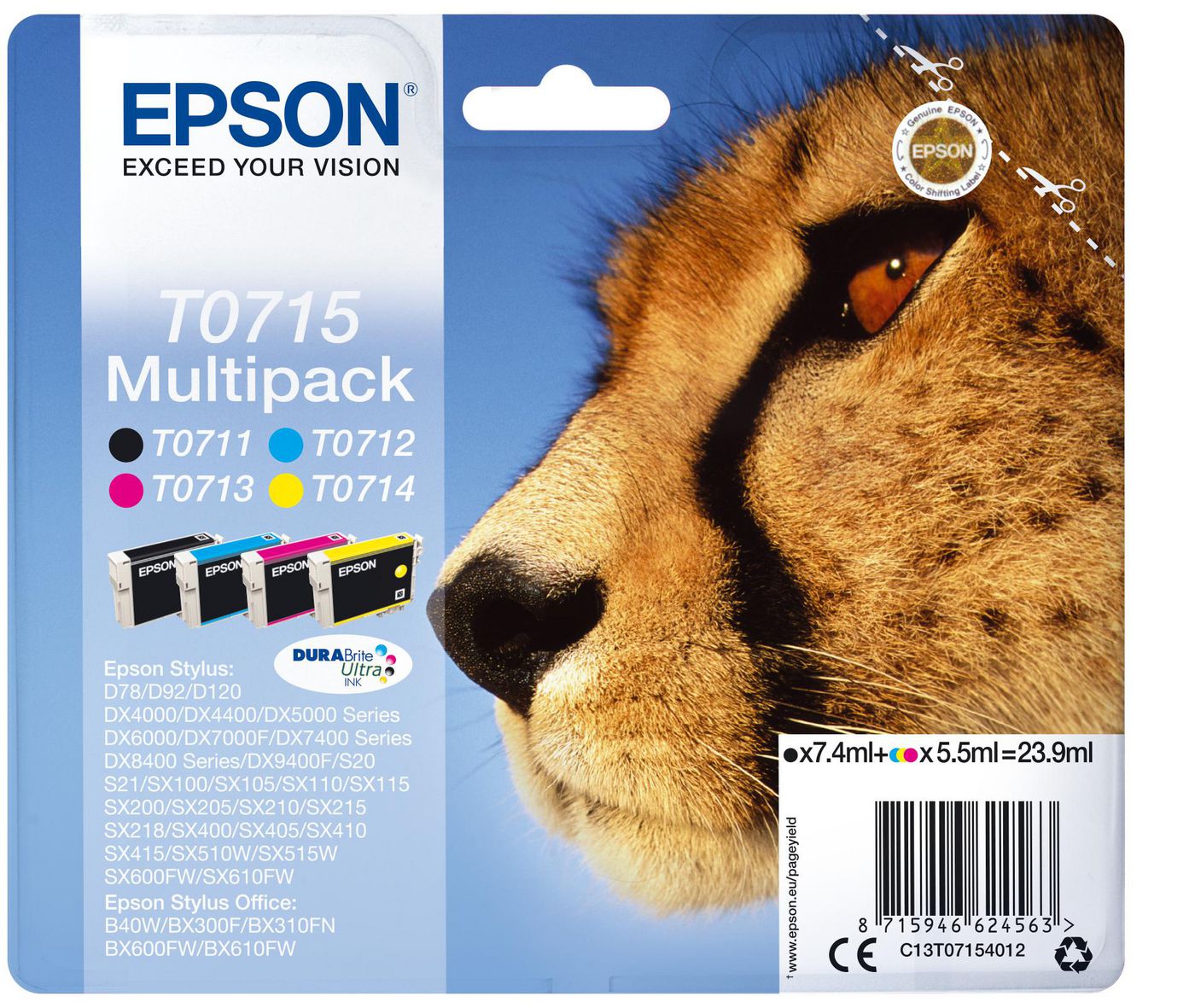 Epson Tintenpatronen-Multipack T0715, CMYK, 4er-Pack – für verschiedene Modelle