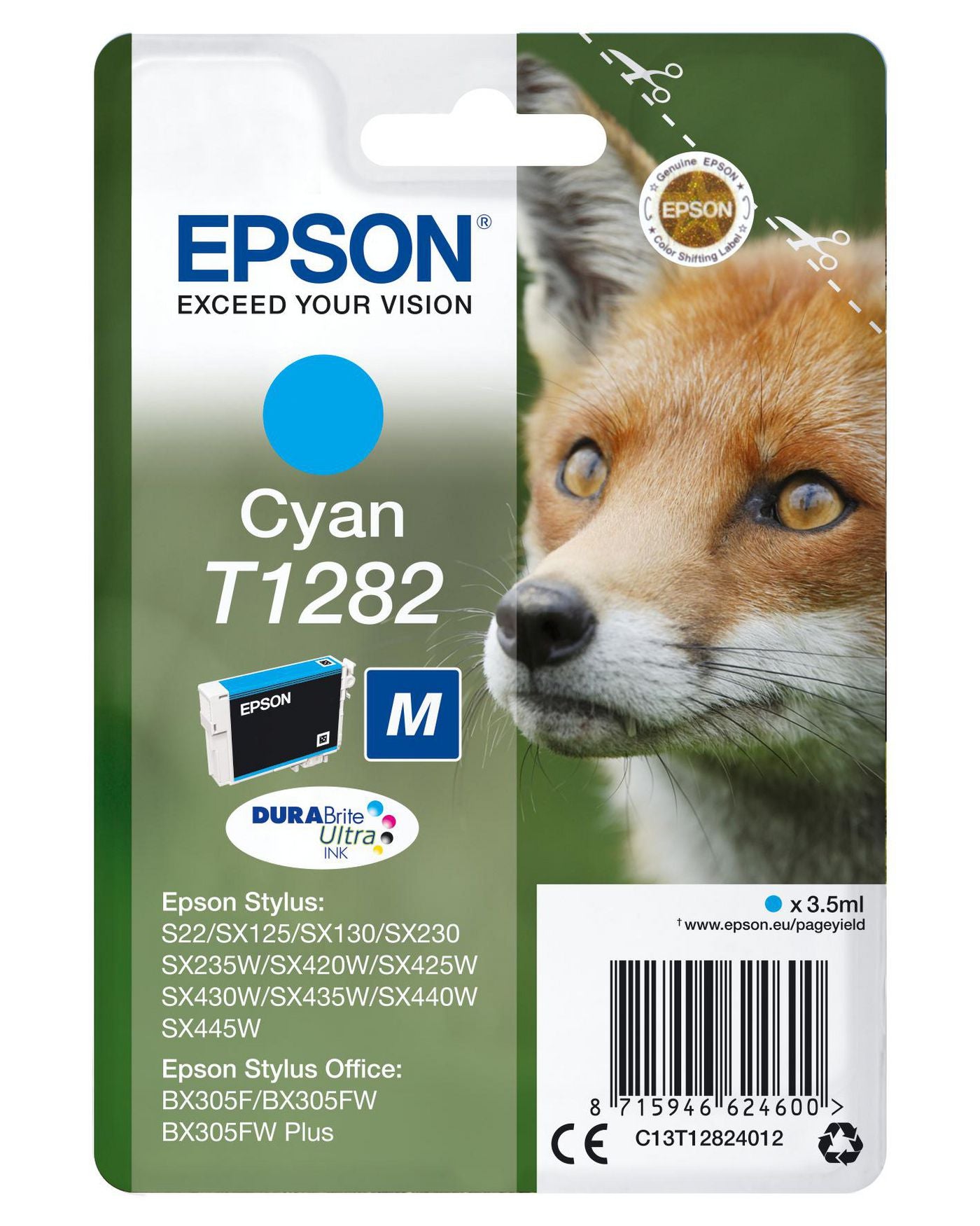 Epson T1282 Cyan Tintenpatrone (Original) – 3,5 ml – für Stylus SX445W/SX440W/SX435W …