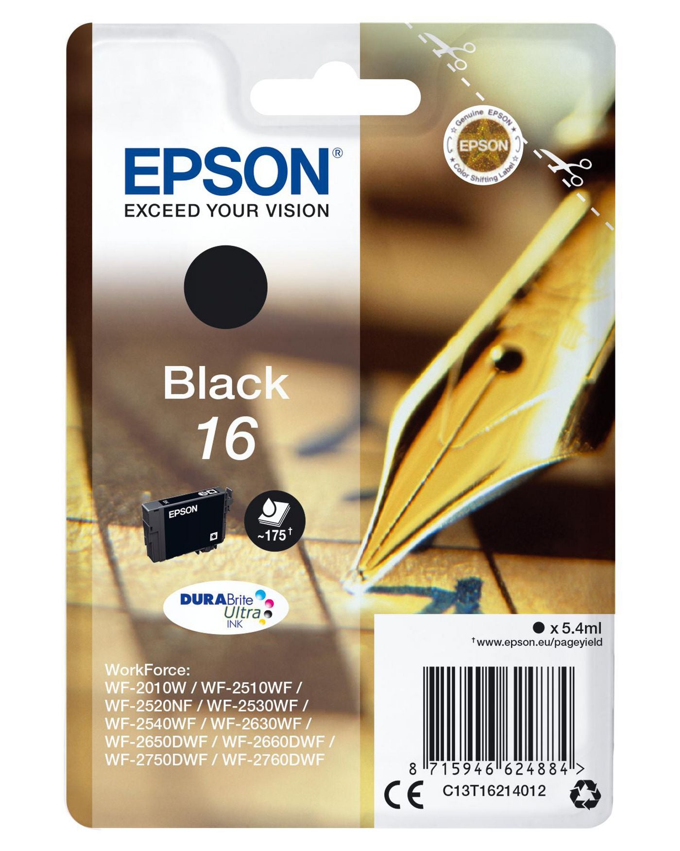 Epson 16 Schwarze Tintenpatrone (Original) – 175 Seiten – für WorkForce WF-2760DWF/2750DWF/2660DWF
