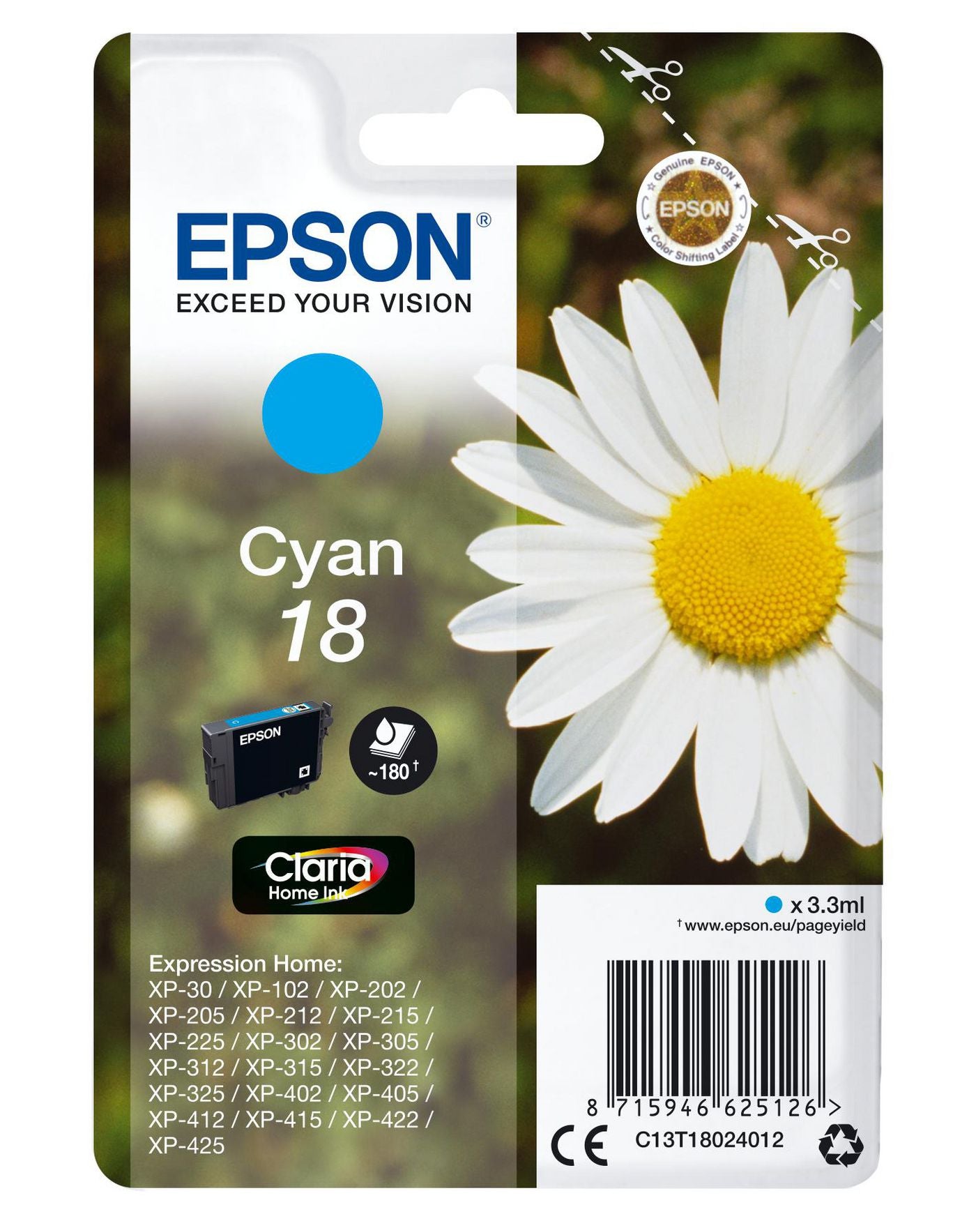 Epson 18 Cyan Tintenpatrone (Original) – 180 Seiten – für Epson Expression Home XP-425/XP-422/XP-415