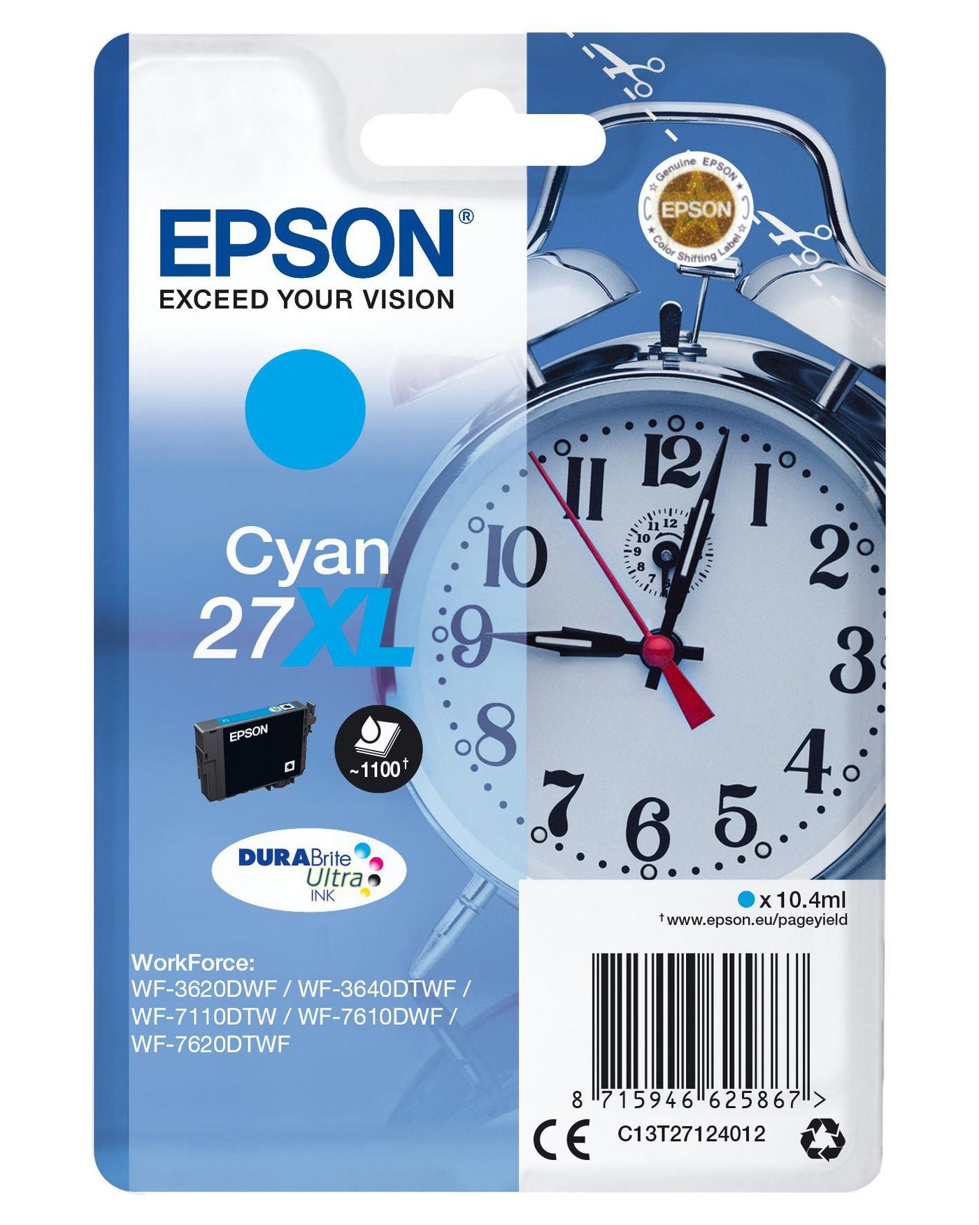 Epson 27XL Cyan Tintenpatrone (Original) – 1'100 Seiten – für WorkForce WF-7720DTWF/WF-7715DWF/WF-7710DWF …