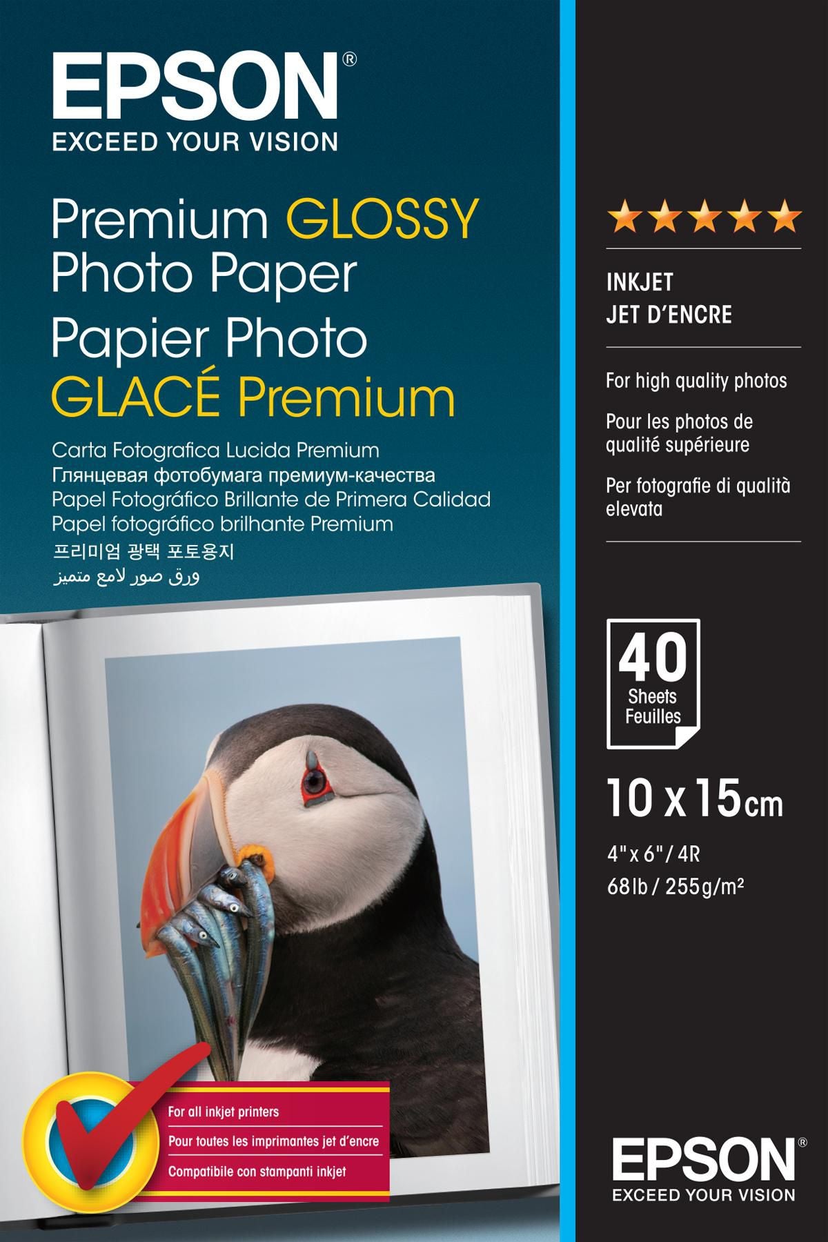 Epson Premium Glossy Fotopapier – glänzend, 100 × 150 mm, 255 g/m², 40 Blatt, einseitig – für Tintenstrahldrucker