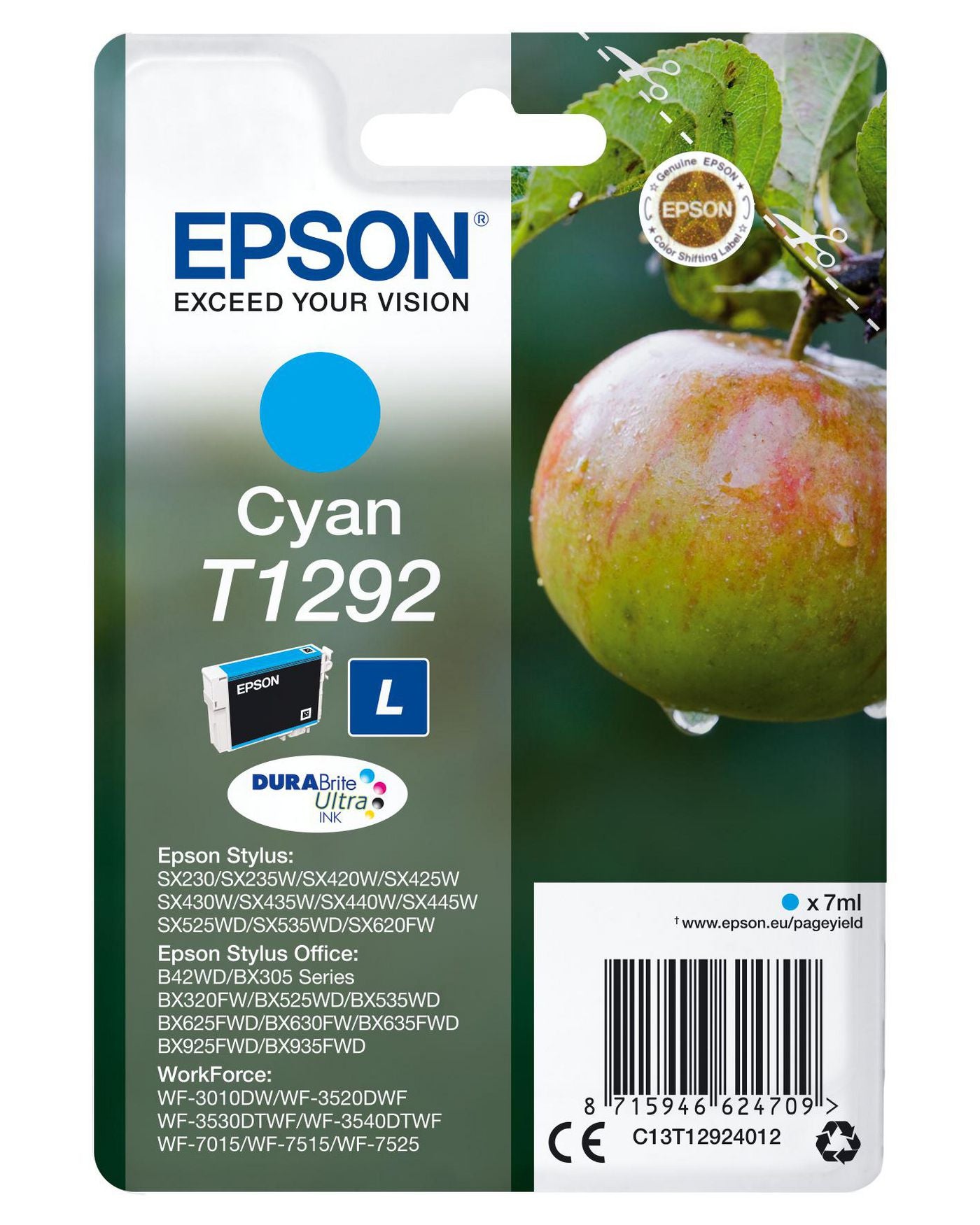 Epson Tintenpatrone T1292, Cyan, 460 Seiten – für Inkjetdrucker/Multifunktionsgeräte