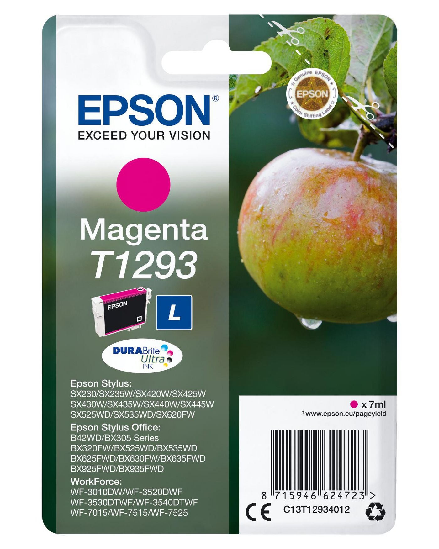 Epson T1293 Magenta Tintenpatrone (Original) – 7 ml – für Epson WorkForce WF-3520DWF/WF-7525/WF-7515 …