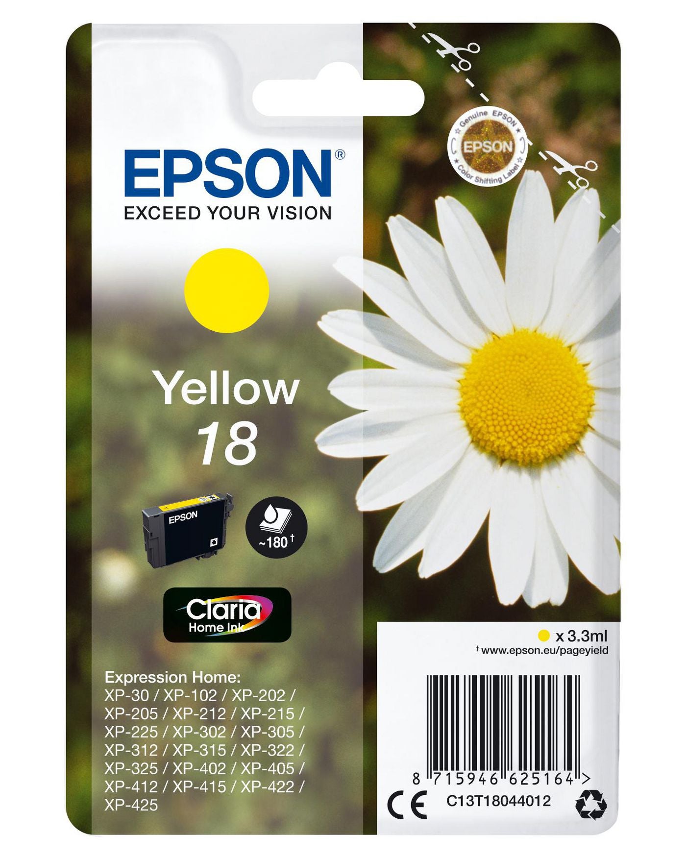 Epson 18 Gelbe Tintenpatrone (Original) – 180 Seiten – für Expression Home XP-425/XP-422/XP-415 …