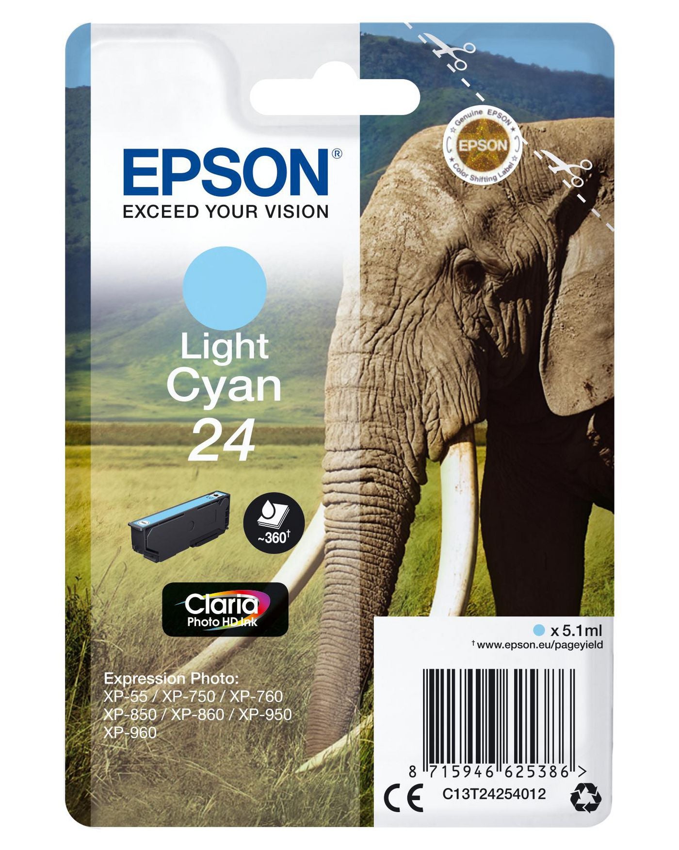 Epson 24 Cyan Tintenpatrone (Original) – 360 Seiten – für Epson Expression Photo XP-960/XP-950/XP-860 …