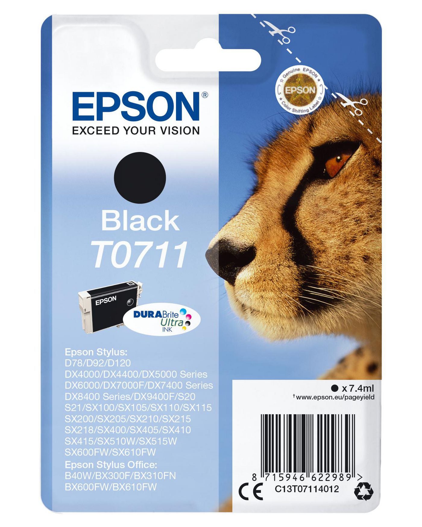 Epson Tintenpatrone T0711 (C13T07114022), Schwarz, 250 Seiten, Original – für Stylus D78, D91, D92 und andere