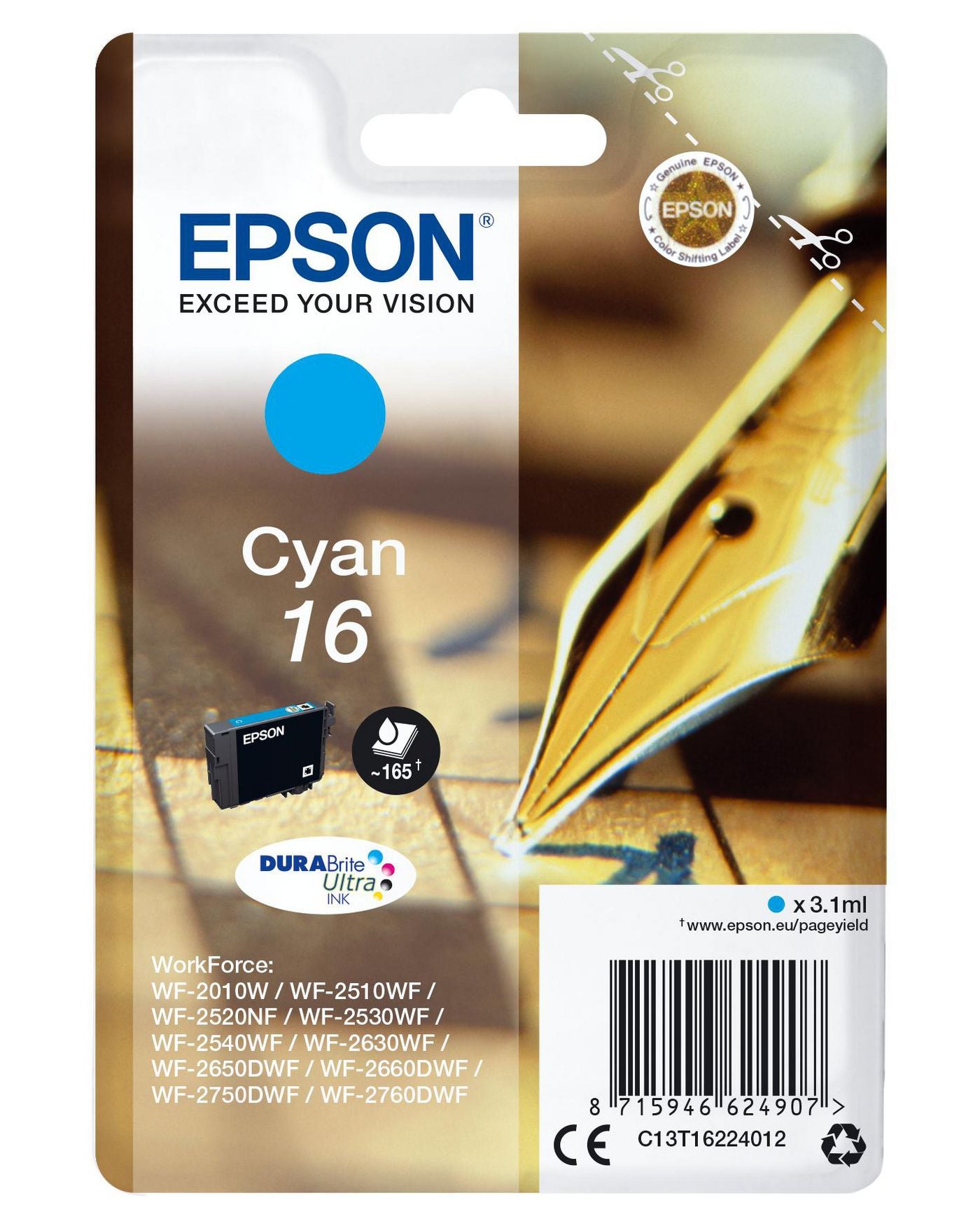 Epson 16 Cyan Tintenpatrone (Original) – 165 Seiten – für WorkForce WF-2760DWF/2750DWF/2660DWF …