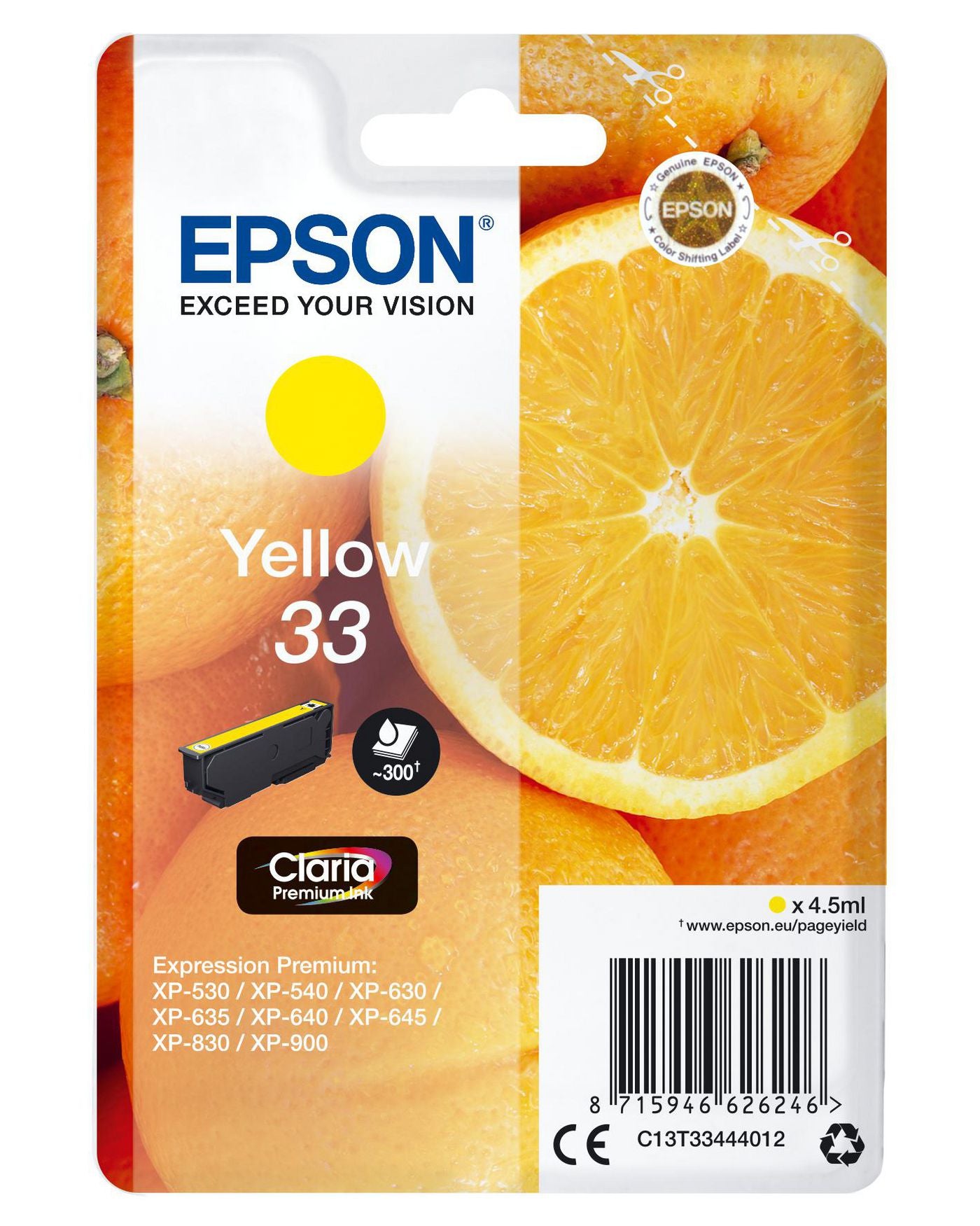 Epson Gelbe Tintenpatrone (Original) – 4,5 ml – für Expression Premium XP-900/XP-830/XP-645 … – C13T33444022