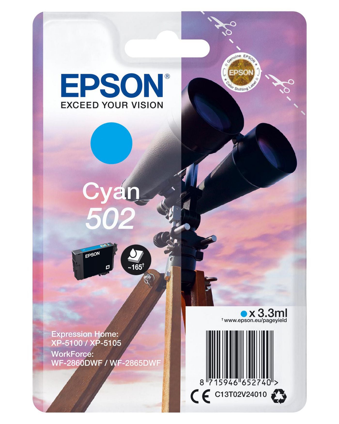 Epson 502 Cyan Tintenpatrone (Original) – 165 Seiten – für 502 – C13T02V24020