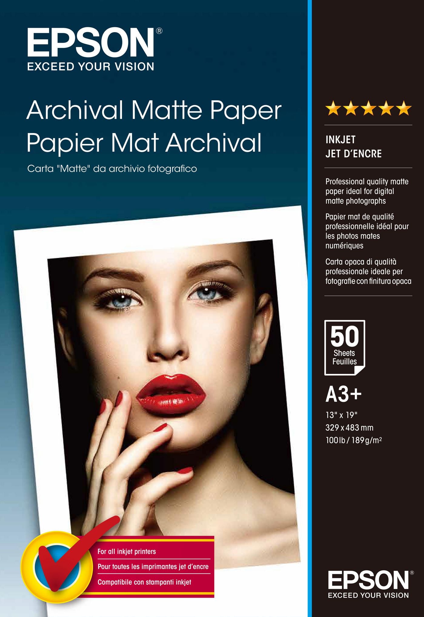 Epson Archivpapier Fotopapier – matt, A3+, 189 g/m², 50 Blatt – für Tintenstrahldrucker