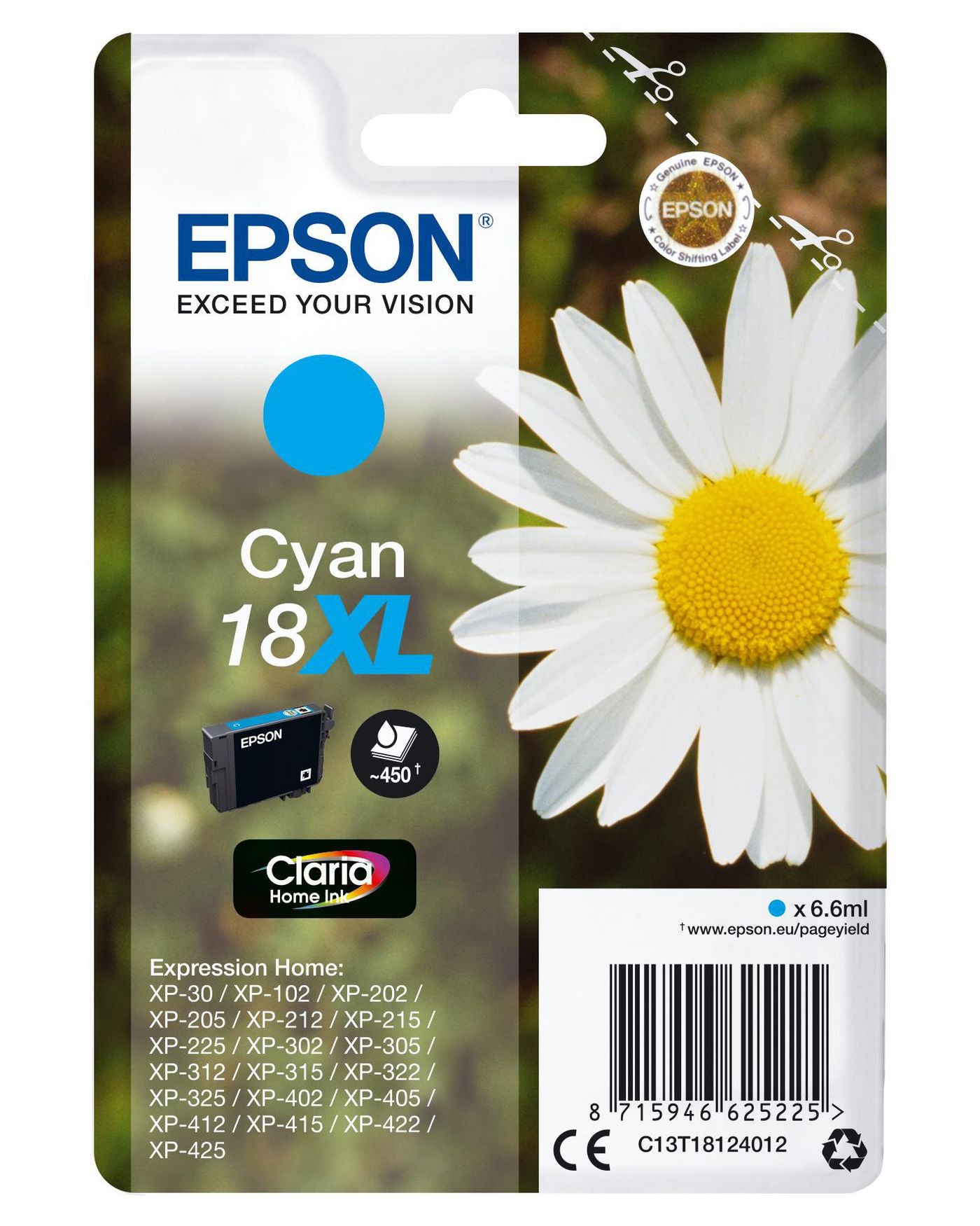 Epson 18XL Cyan Tintenpatrone (Original) – 450 Seiten – für Epson Expression Home XP‑425/422/415…