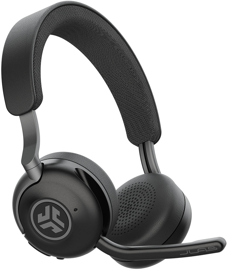 JLab Epic Work Office-Headset – On-Ear, Stereo, Kabel + BT, ANC, mit USB-C-Dongle, mit Ladestation, Schwarz