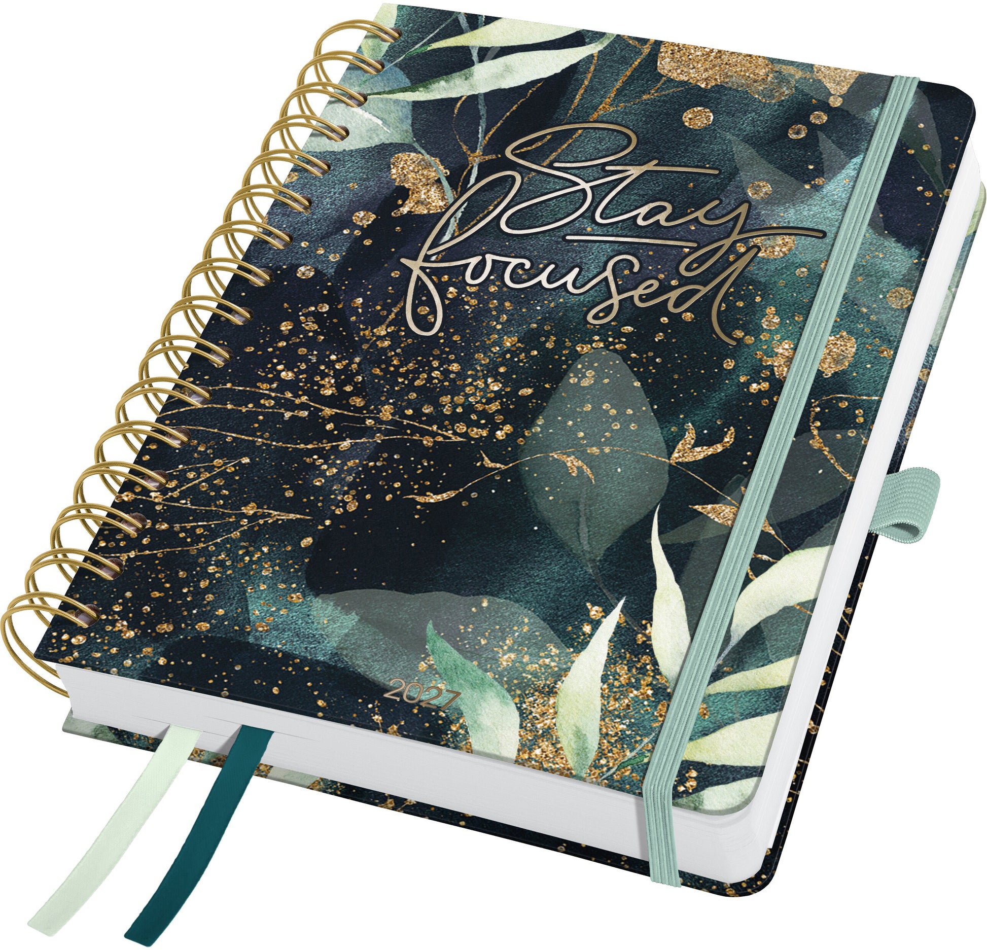 Jolie Inspire – Wochenagenda 2027, 1 Woche/2 Seiten, A5, Spiralbindung, Glamorous Leaves
