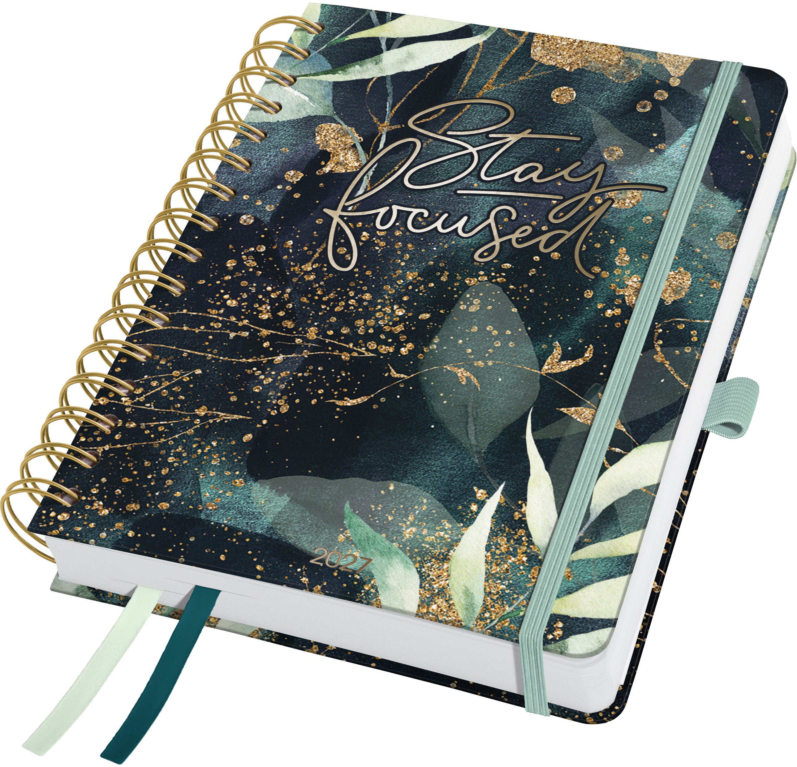 Jolie Inspire – Wochenagenda 2027, 1 Woche/2 Seiten, A5, Spiralbindung, Glamorous Leaves