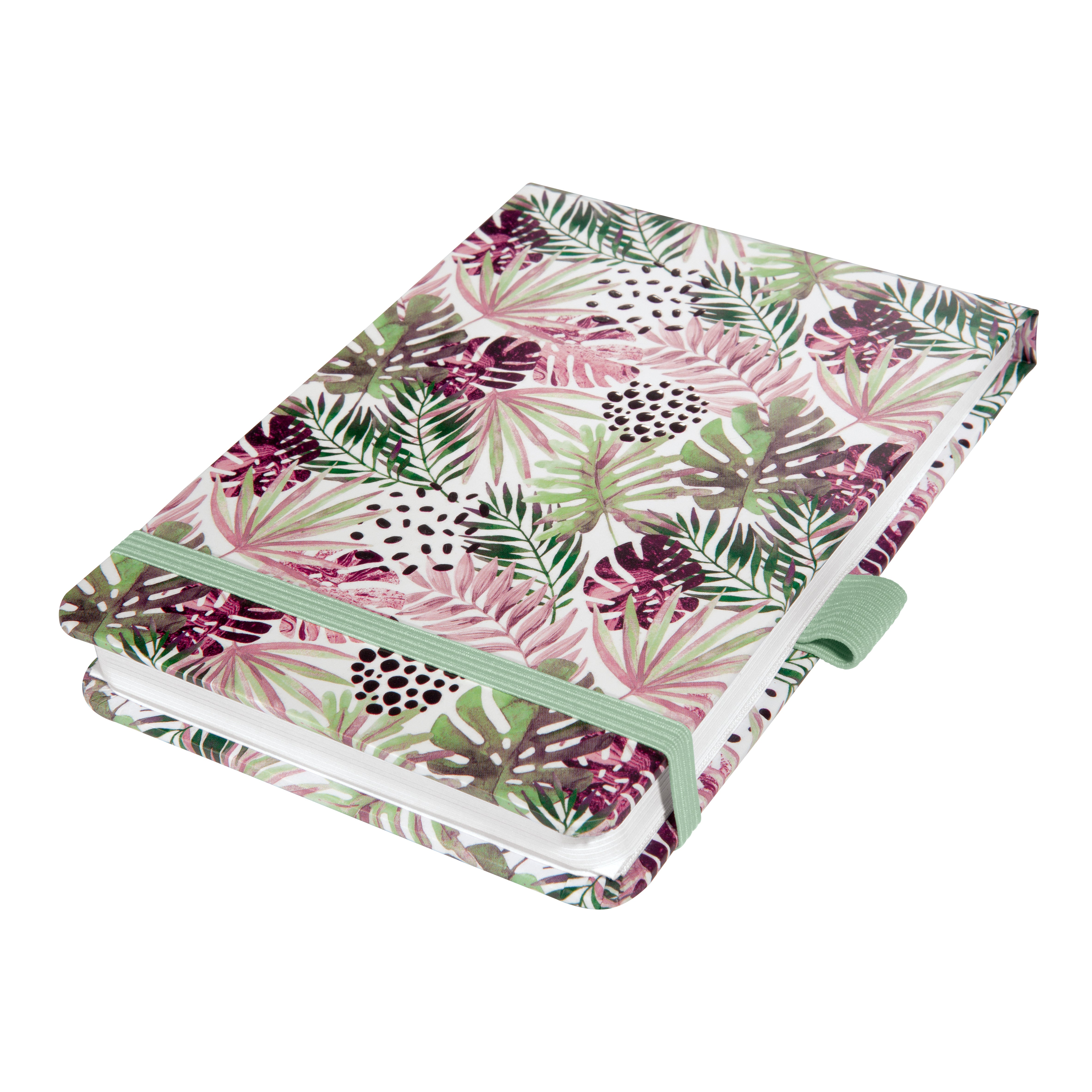 Jolie Notizbuch – 113 × 158 mm – Hardcover, mikroperforiert, Gummiband, Stiftschlaufe – mintpink Jungle Fever