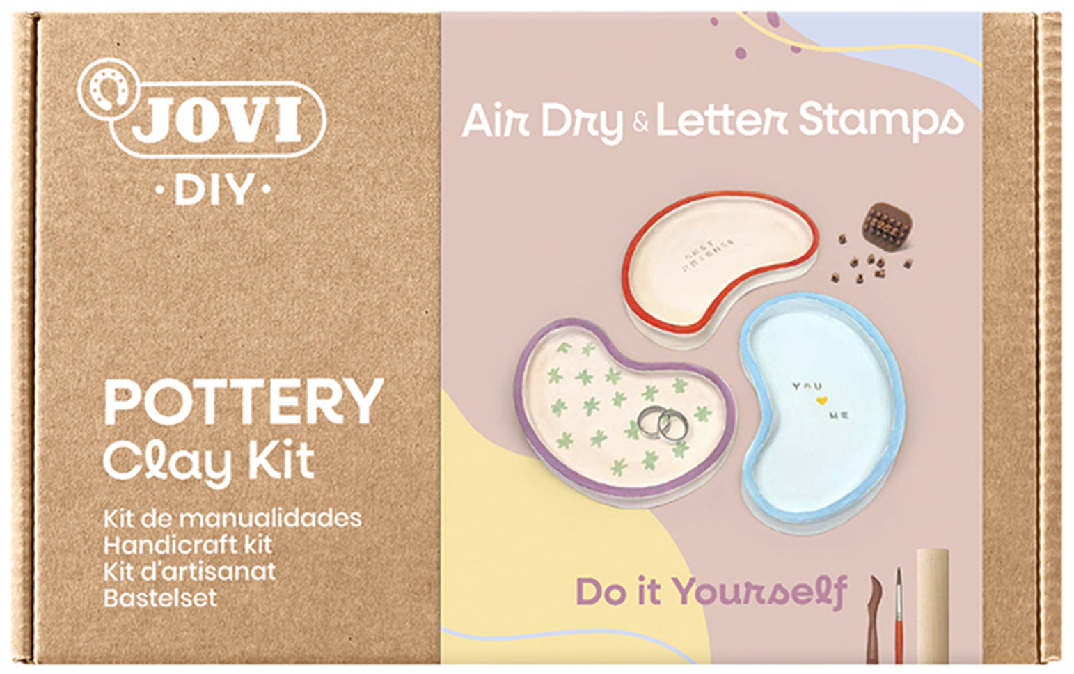 Jovi Modelliermasse-Set (Stempel-Set) – 500 g Modelliermasse, 8 × 15 ml Gouachefarben – 10-teilig – lufthärtend