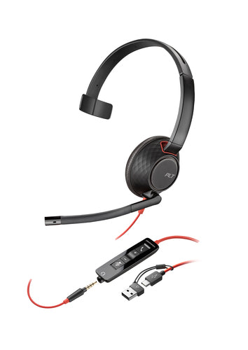 Poly Blackwire 5210 Office-Headset – On-Ear, Mono, Kabelgebunden, 3,5 mm Klinke + USB-C, UC-optimiert, Schwarz