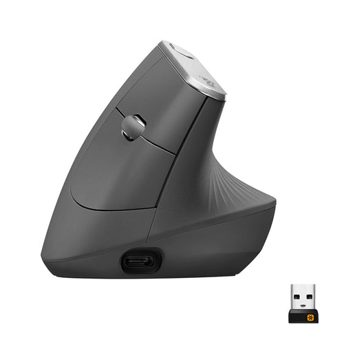 Logitech MX Vertical Ergonomische Maus – kabellos, USB-C, 4 Tasten, vertikal, Unifying-Empfänger, schwarz