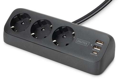 Digitus Steckdosenleiste – 3× Schuko (Typ E/F), USB-A/C, 1,5 m, ohne Schalter, IP20, schwarz