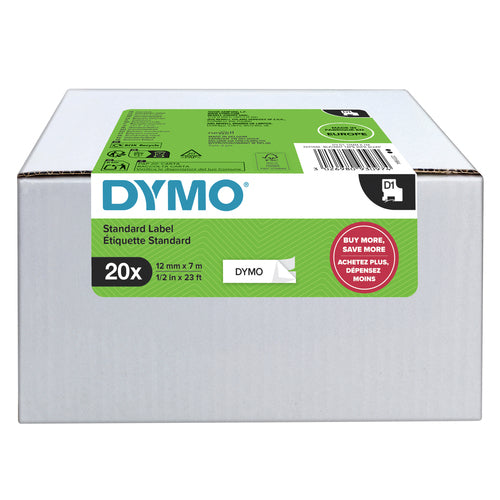 DYMO D1 Schriftband – Schwarz auf Weiss – 12 mm × 7 m, Selbstklebend – für DYMO LabelManager – 20er-Pack