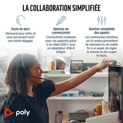 Poly Blackwire 3210 Office-Headset – On-Ear, Mono, Kabelgebunden, USB-C, Schwarz