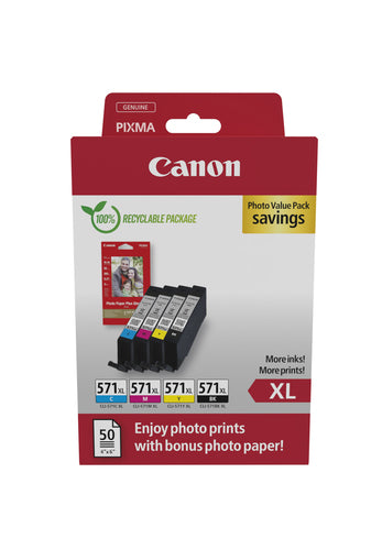 Canon Tintenpatronen-Multipack CLI-571XL, CMYK, 4er-Pack, mit Fotopapier (50 Blatt) – für Inkjetdrucker