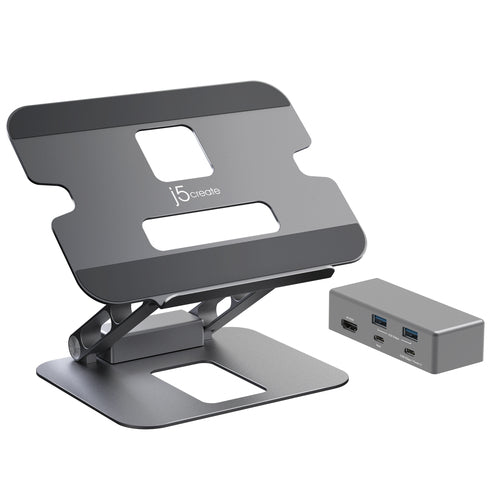 j5create Laptop-Ständer – bis 16", HDMI, integrierter USB-Hub – Grau