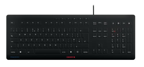 CHERRY STREAM PROTECT – Tastatur – QWERTY (UK) – USB (kabelgebunden), Full-Size, Scherenschalter, Schwarz