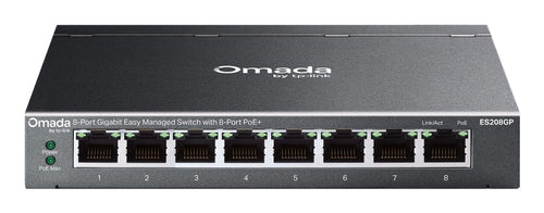 TP-Link Omada ES208GP – Managed L2 Switch – 8× 1G, PoE+, PoE-Budget 64 W, DIN-Schiene