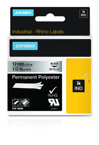 DYMO Textilband – 12 mm × 5,5 m, silber, schwarz – für DYMO Rhino 3000, 4200, 5000 und weitere