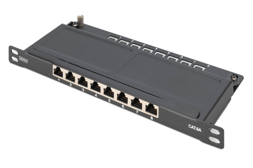 Digitus CAT 6A Slim Patchpanel – 8× RJ‑45, 10GBase‑T, Cat6a, 10", 1U, Schwarz
