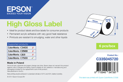 Epson Etiketten (Rolle) 76 × 51 mm – permanent haftend – 2310 Etiketten/Rolle – für ColorWorks C7500/C6500