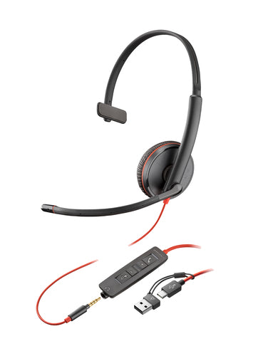 Poly Blackwire 3215 Office-Headset – On-Ear, Mono, 3,5 mm Kabel, USB-C mit USB-A Adapter, Schwarz